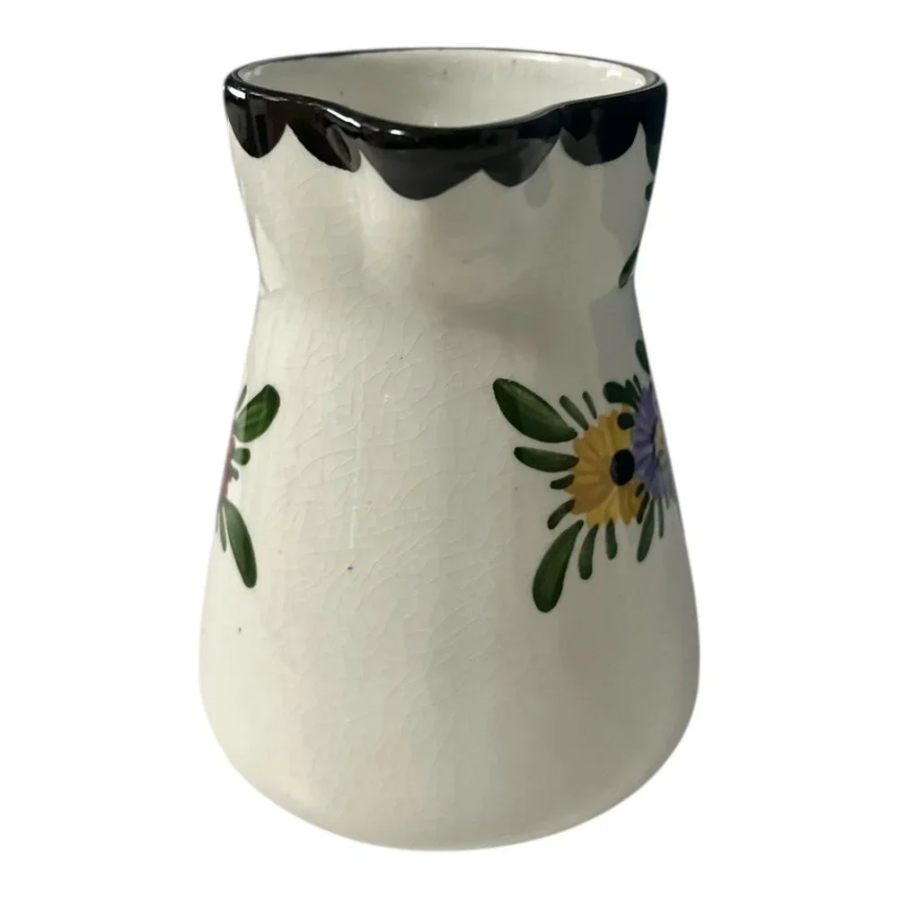 Vintage German Hand-Painted Floral Ceramic Pitcher 5” – Crackle Glaze, Black Rim